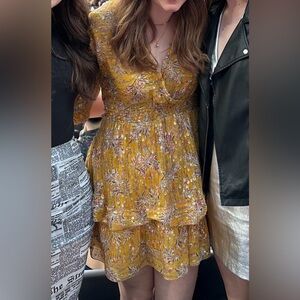 The Kooples Women's Yellow Floral V-Neck Smocked Metallic Silk Mini